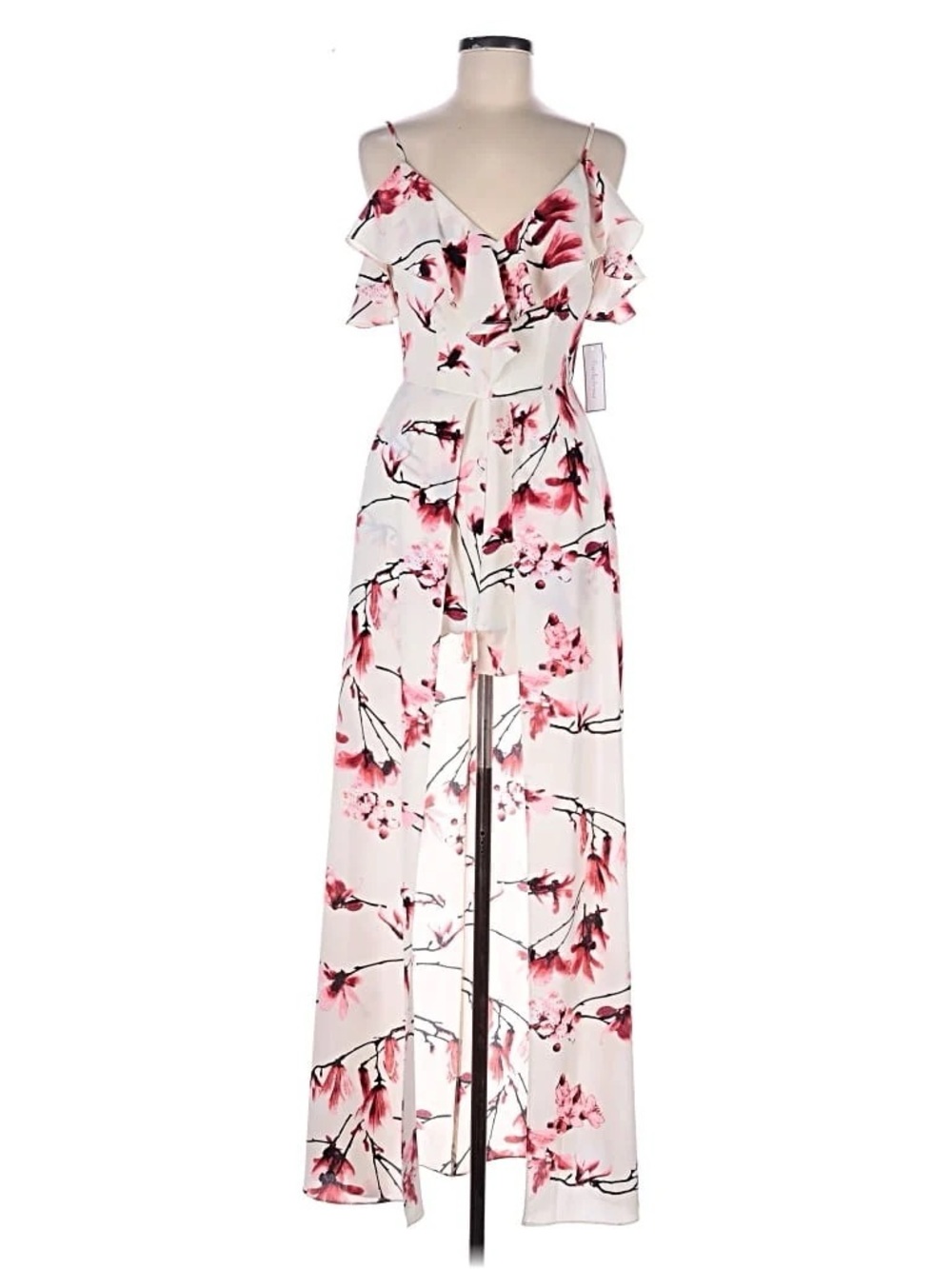 Cold-Shoulder Floral Jumpsuit in White & Pink - Picture 1 of 7